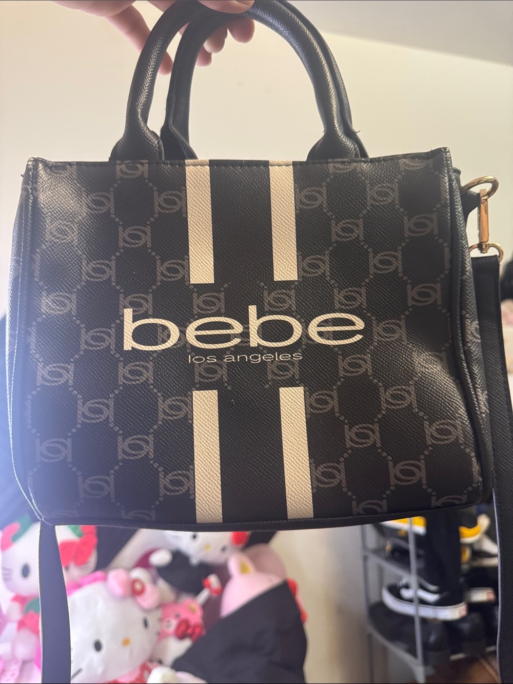 bebe Black Satchel with Cream Racing Stripes and Logo